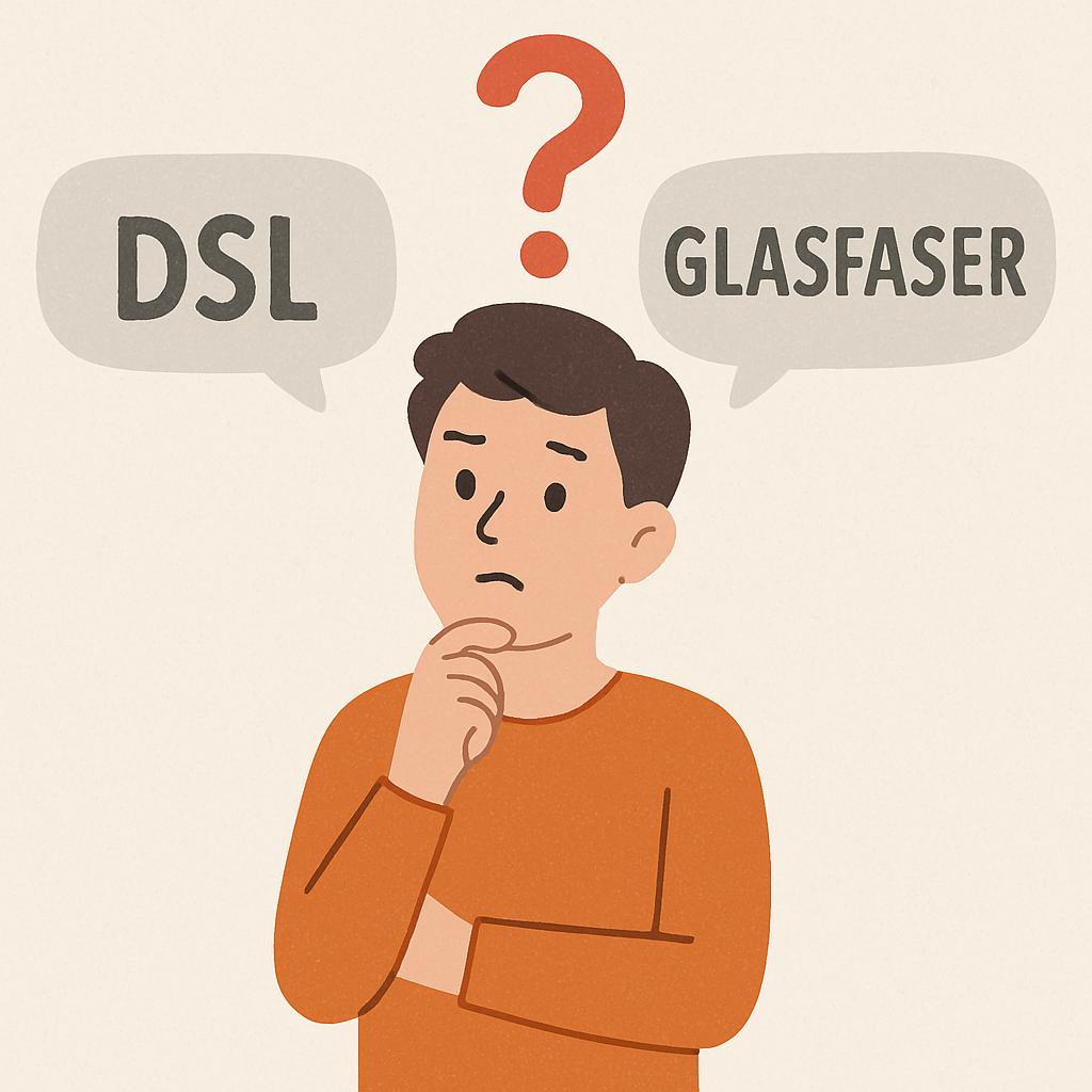 DSL vs. Glasfaser; animierter Charakter mit Fragezeichen